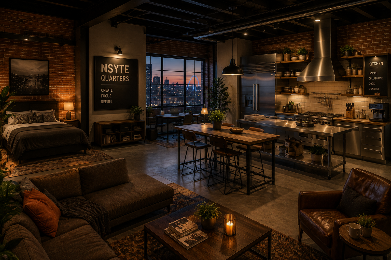 NSYTE Quarters at dusk: a brick loft with a bed, lounge seating, a chef's kitchen with stainless steel prep island, and a floor-to-ceiling window framing the Gateway Arch and downtown St. Louis skyline.