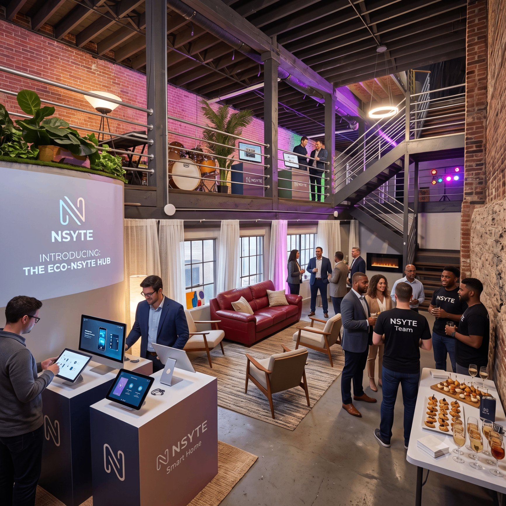 Guests, demos, and NSYTE team gathered on the 1st Floor. Loft-height brick, mezzanine, projected presentation, and workshop stations.