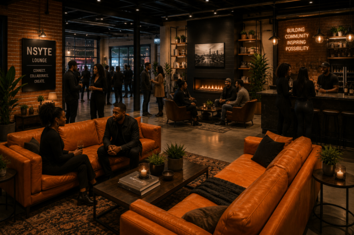 The NSYTE Lounge at night. Warm orange leather sofas around a fireplace, brick walls, neon signage, and a bar with people in conversation.