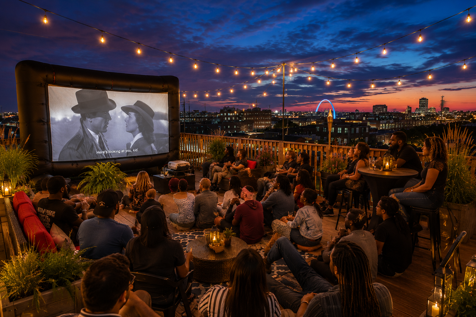 Rooftop cinema at NSYTE. Large inflatable screen showing a classic film with the St. Louis skyline and Gateway Arch behind an audience seated under string lights.