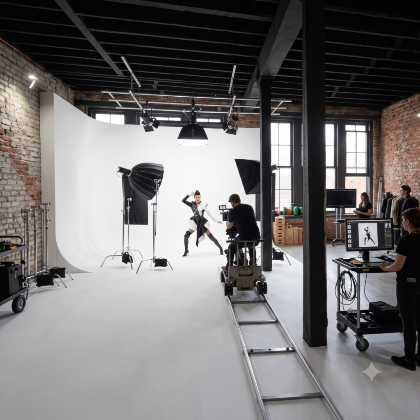 A model photographed on NSYTE's white cyclorama with cinema lighting and a dolly-track camera rig, in a brick loft studio.