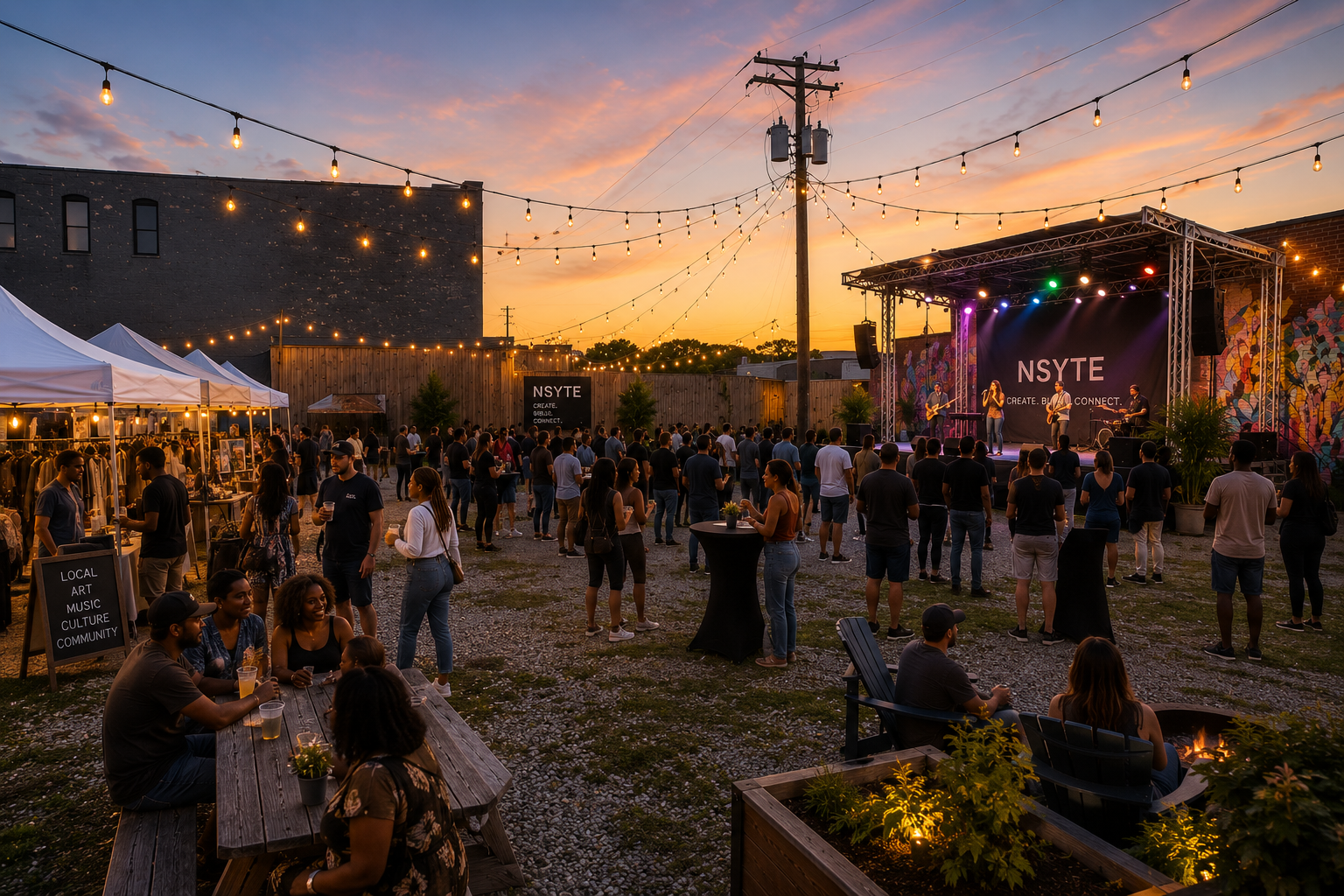 A live evening event on The Lot. Outdoor stage with a band, string lights over a gravel courtyard, vendor tents, and a large crowd at sunset.