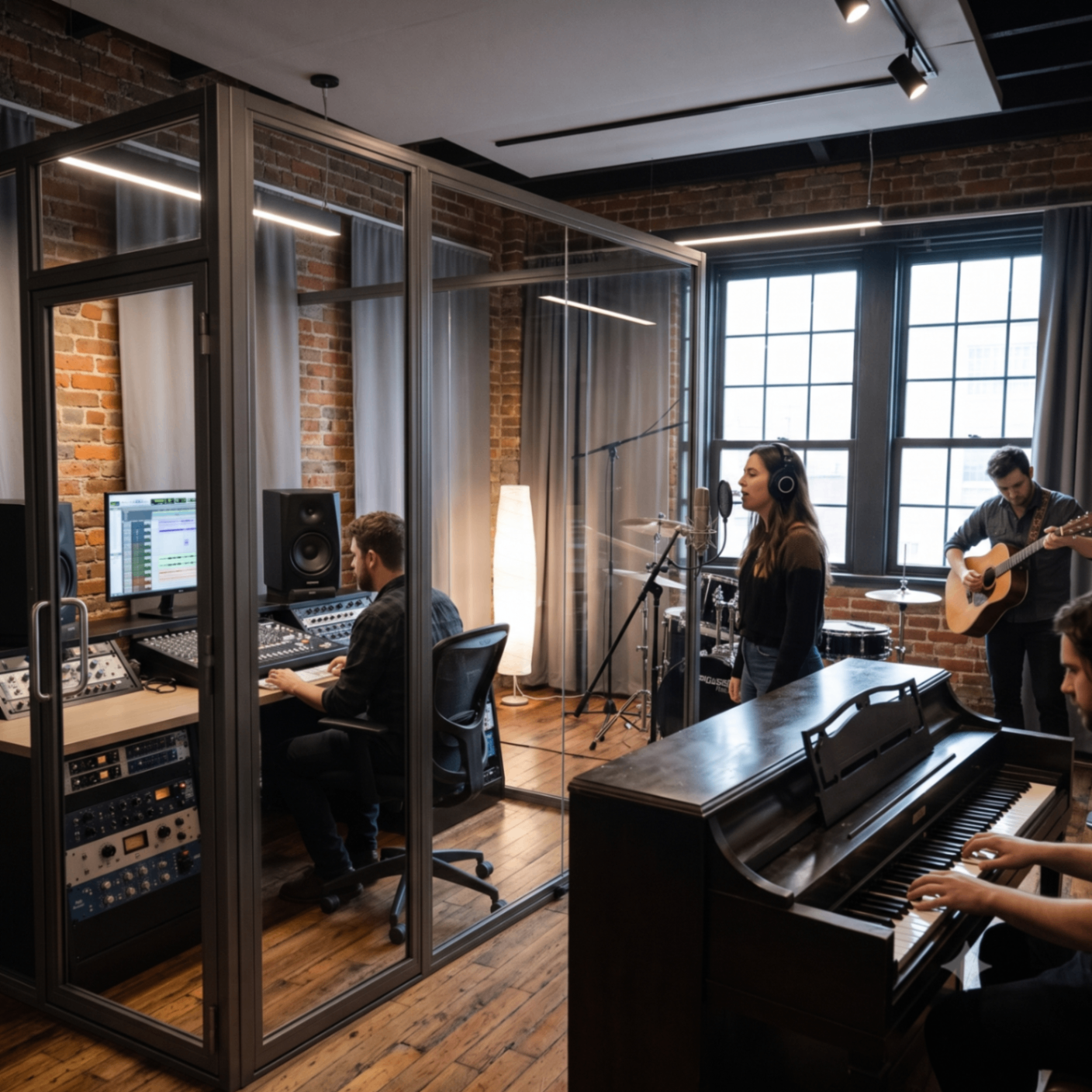 A recording session at NSYTE. Vocalist tracking behind glass while a full band plays live in the same room.