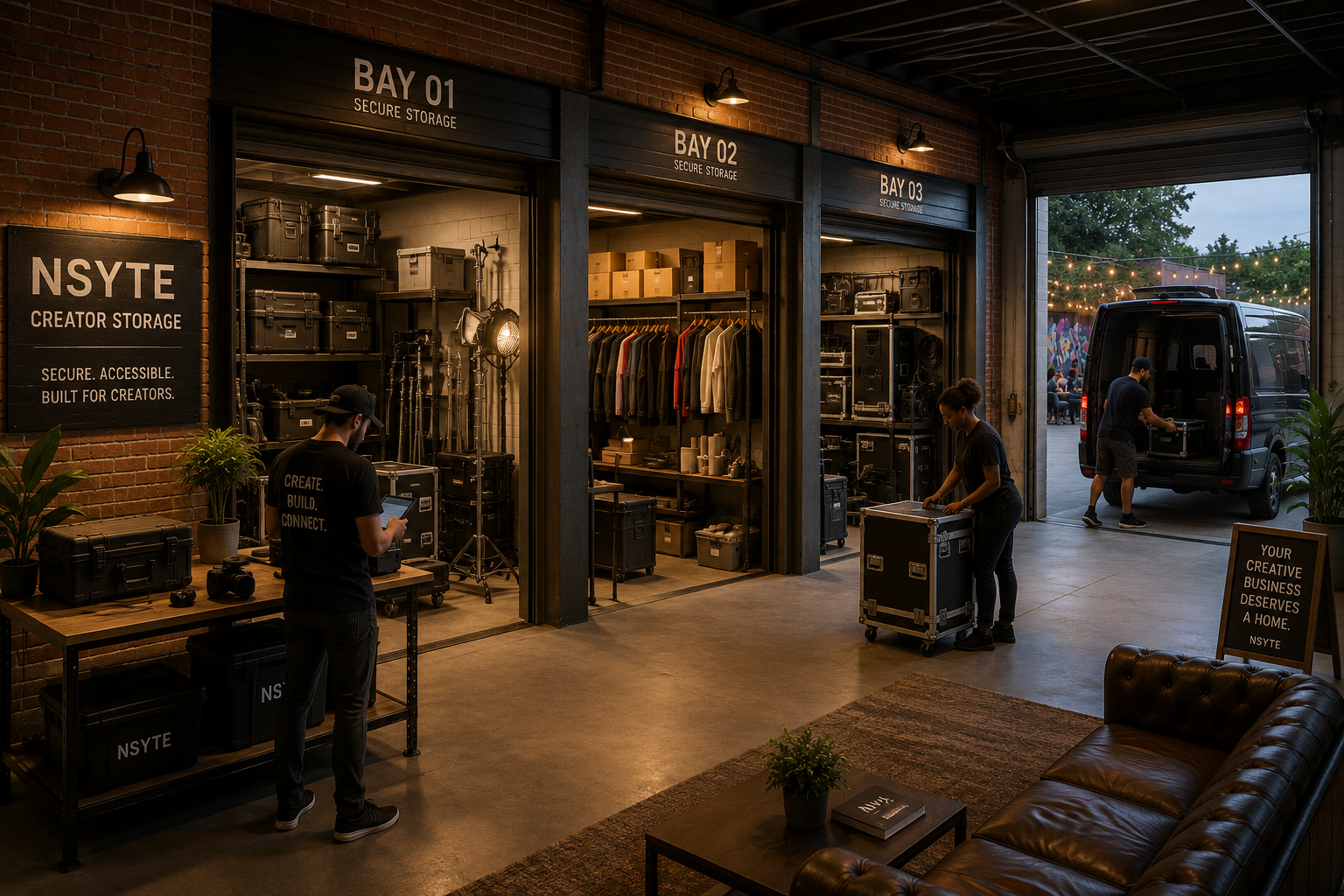 NSYTE Creator Storage: three lit bays with road cases, camera gear, wardrobe, and lighting equipment, and a van loading at the roll-up door.